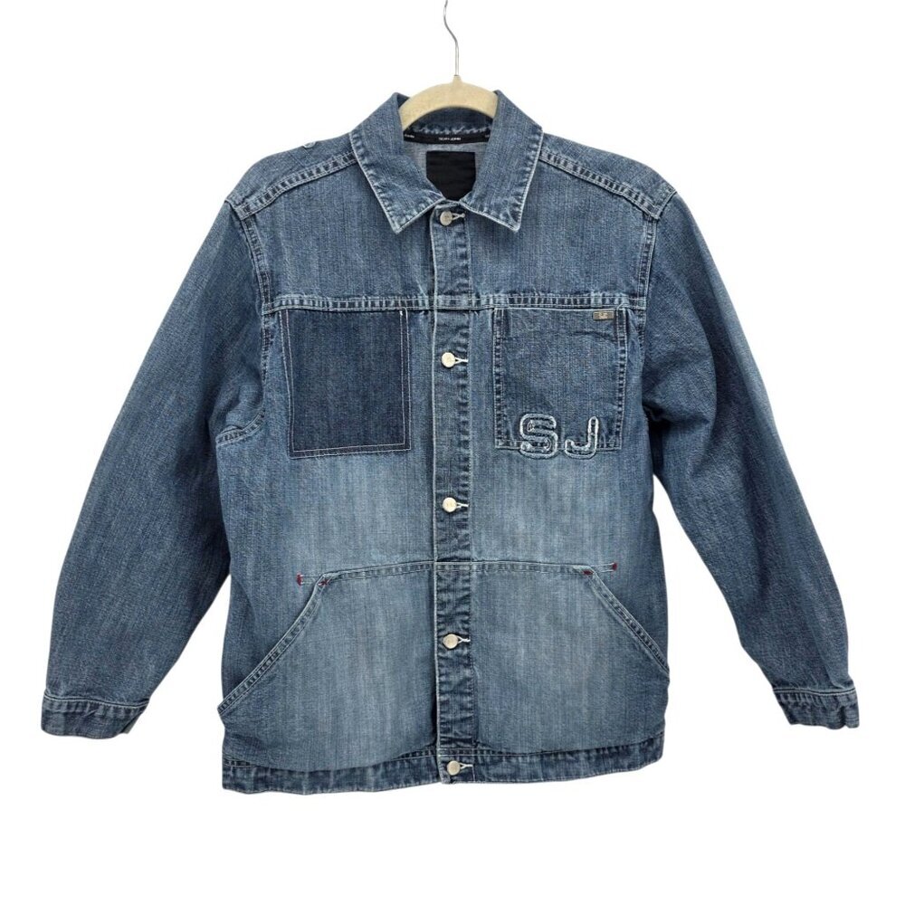 Vintage Sean John Boys Large Jacket Denim Jean Distressed Logo Relaxed Fit